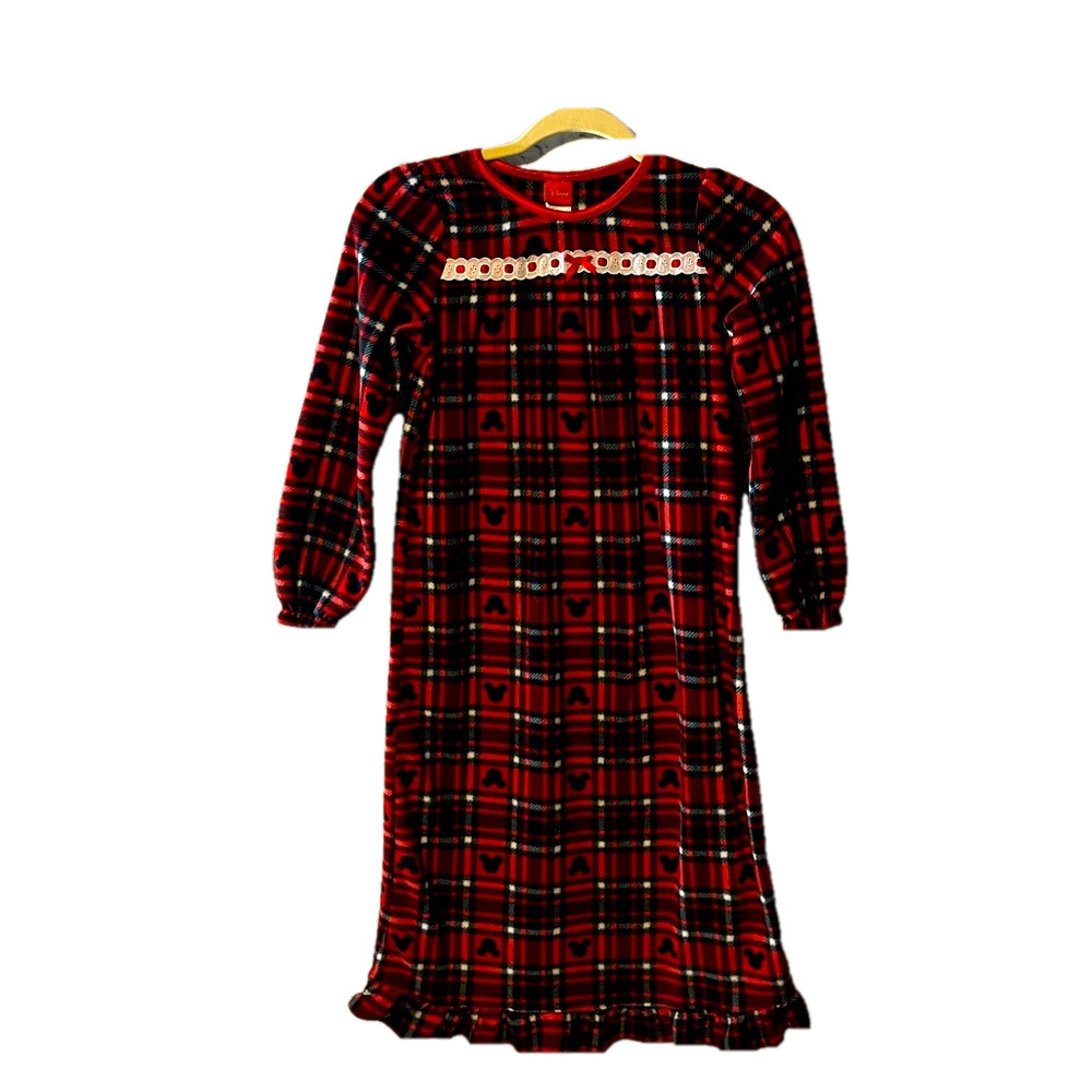 Girls Mickey Mouse Disney Red plaid Christmas flannel night gown lace ruffle 10
